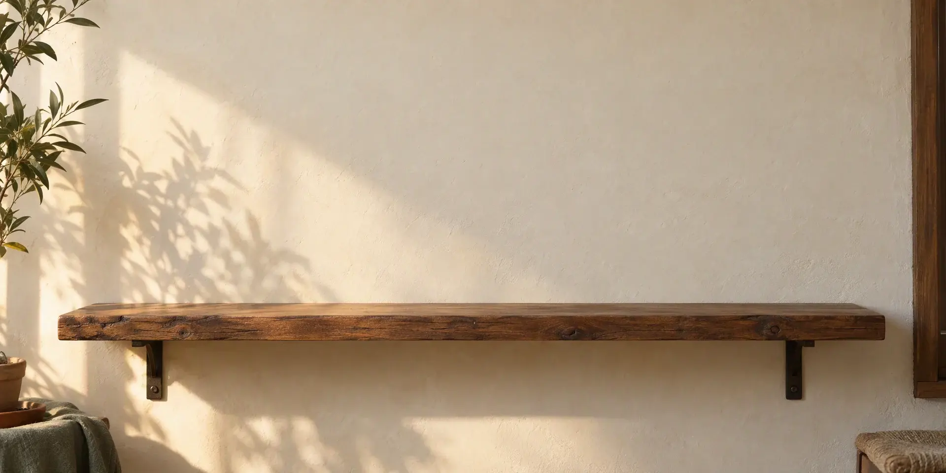 A sunlit plaster wall with a single reclaimed-wood shelf running across it, the shelf empty
