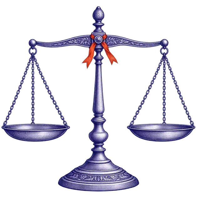 An engraved balance scale with both pans empty and the beam hanging level