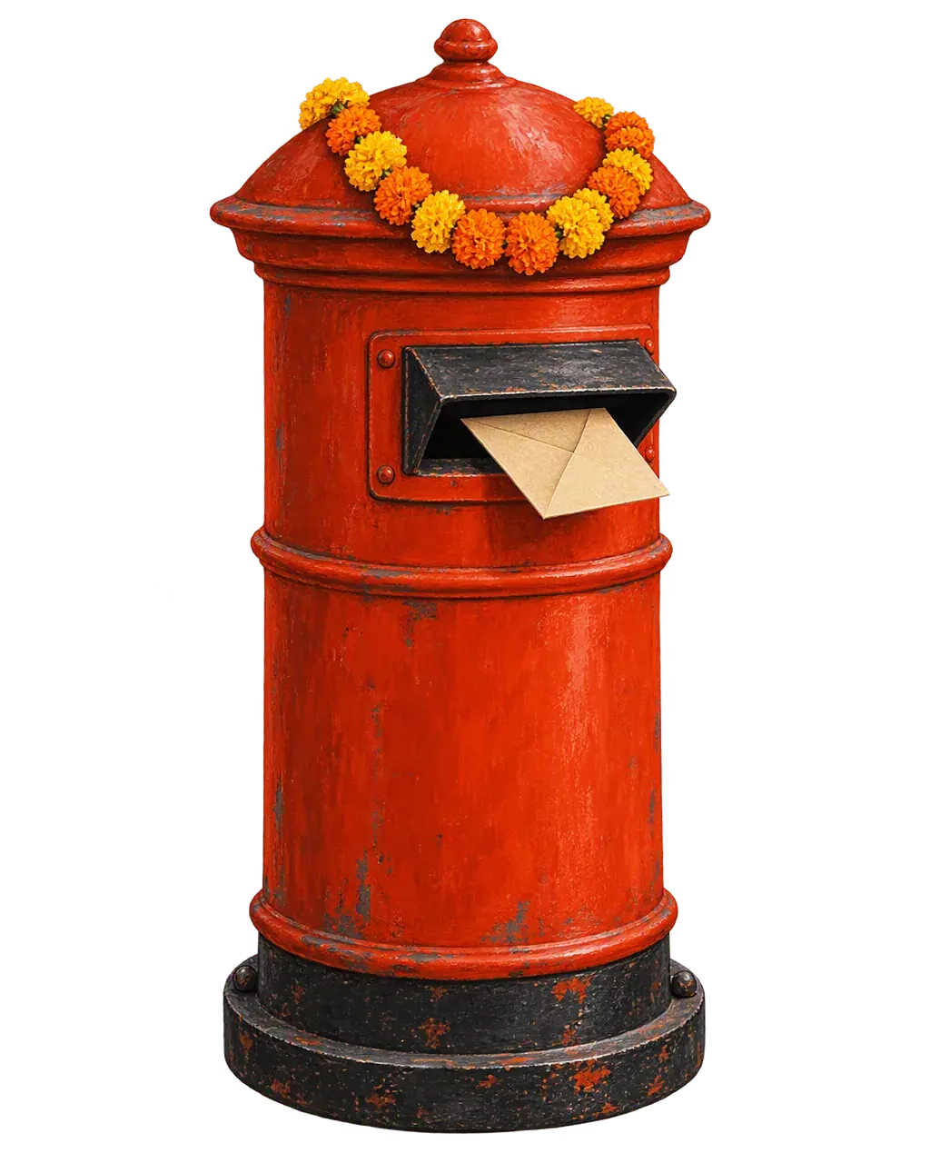 A painted red Indian pillar post box with a marigold garland