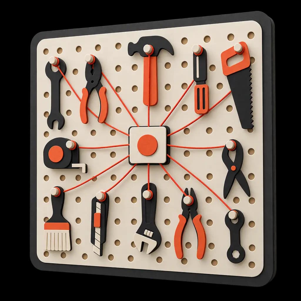 A paper-cut pegboard of tools linked by red string to a central tile