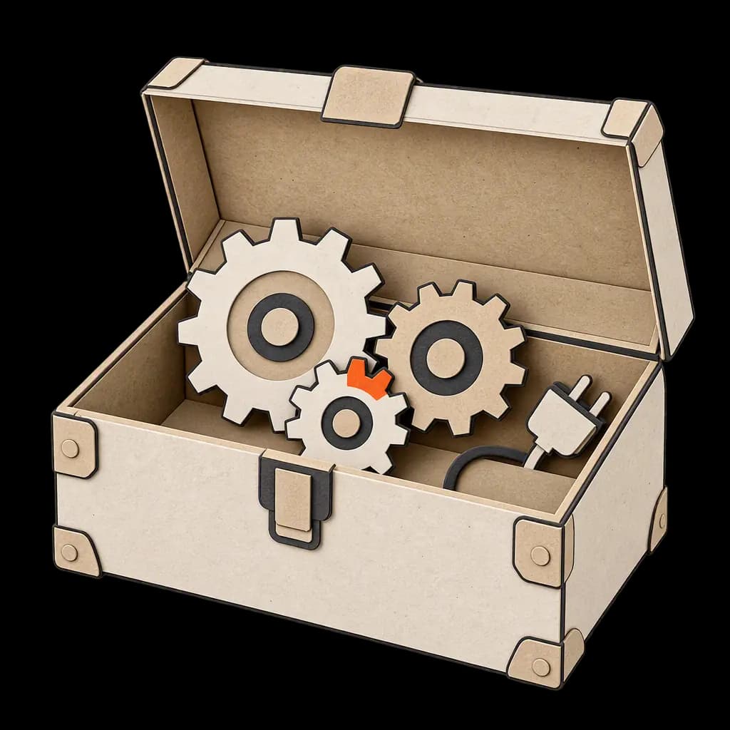 A paper-craft toolbox holding interlocking cut-paper gears