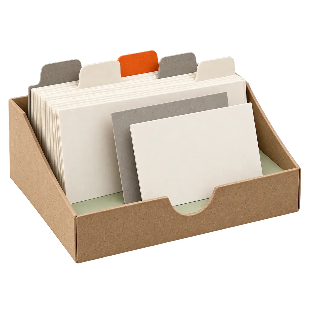 A paper tray of index cards with tabbed dividers, one tab in orange
