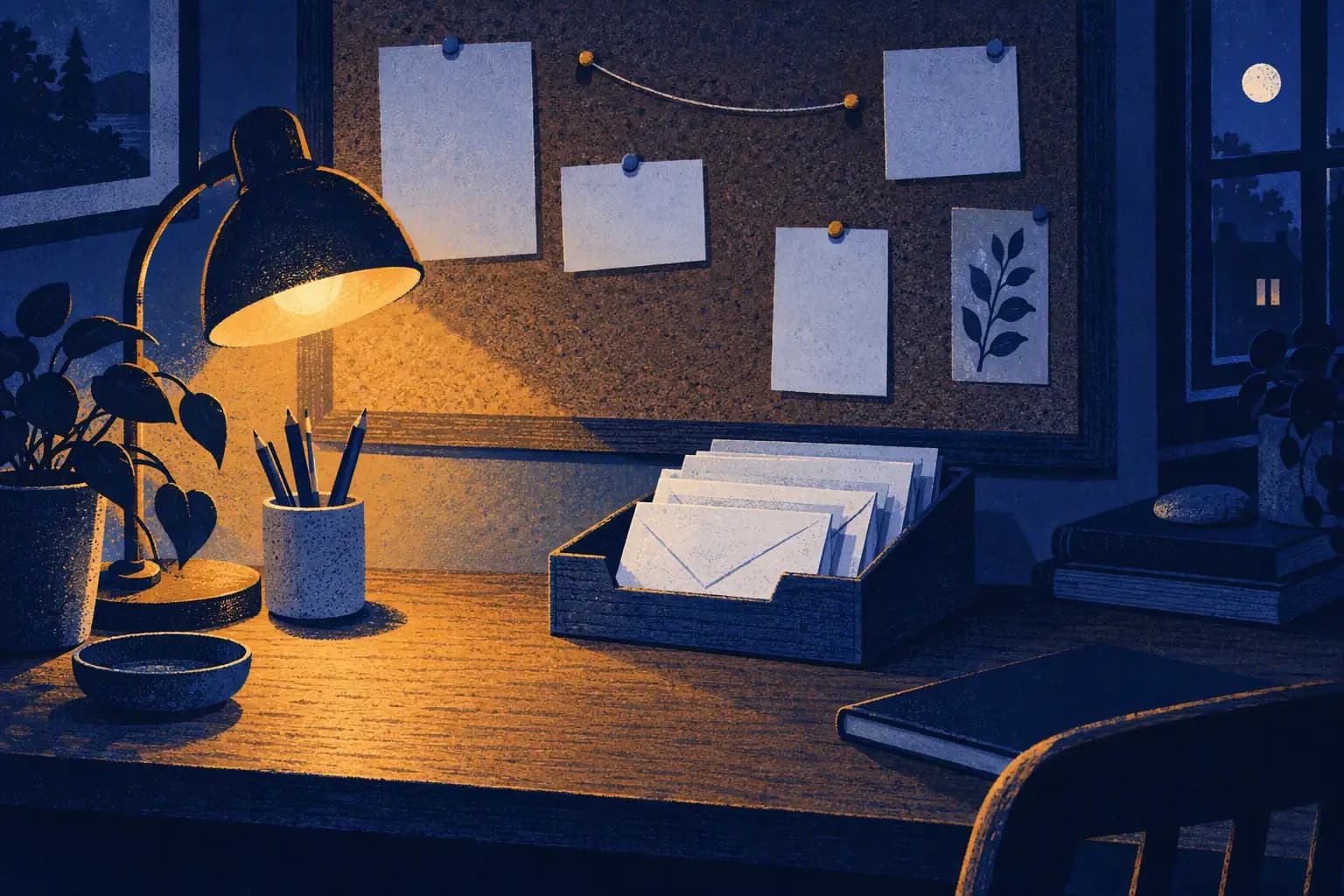 A pinboard desk at night: pinned message cards, a thread strung between pins, and a lit desk lamp