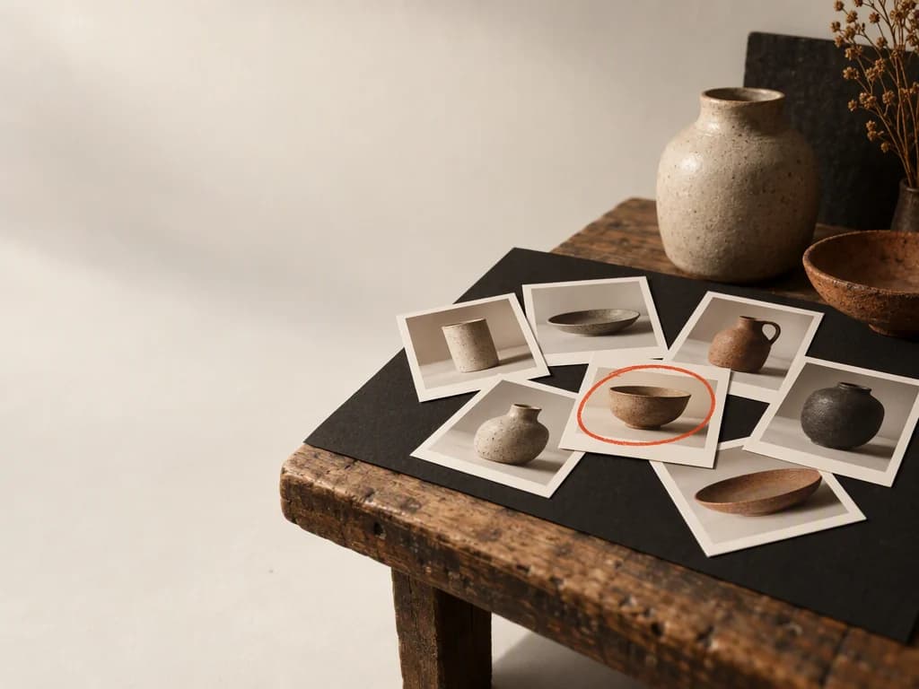 A fan of square photographic proof prints of ceramics, one circled in red grease pencil