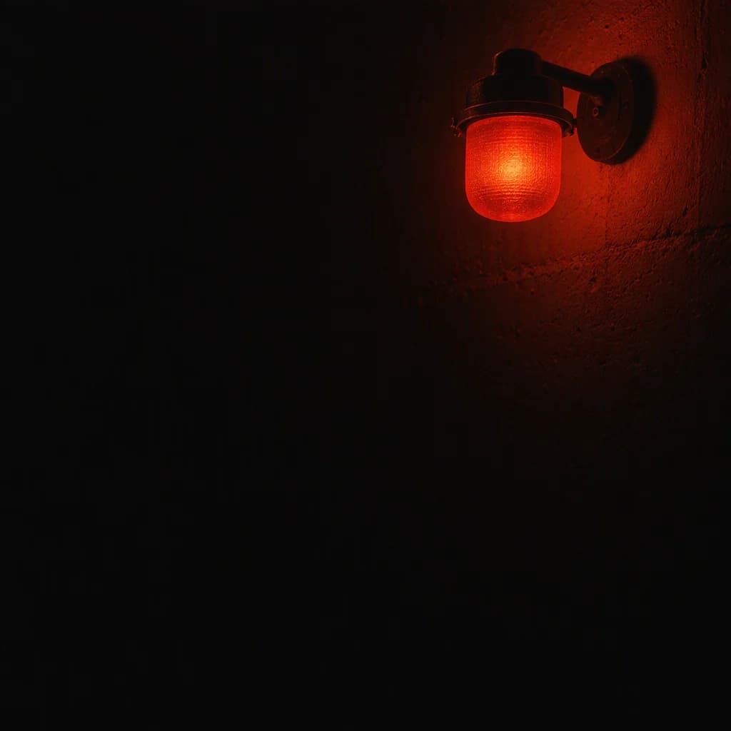 A darkroom safelight lamp glowing deep red on a black wall