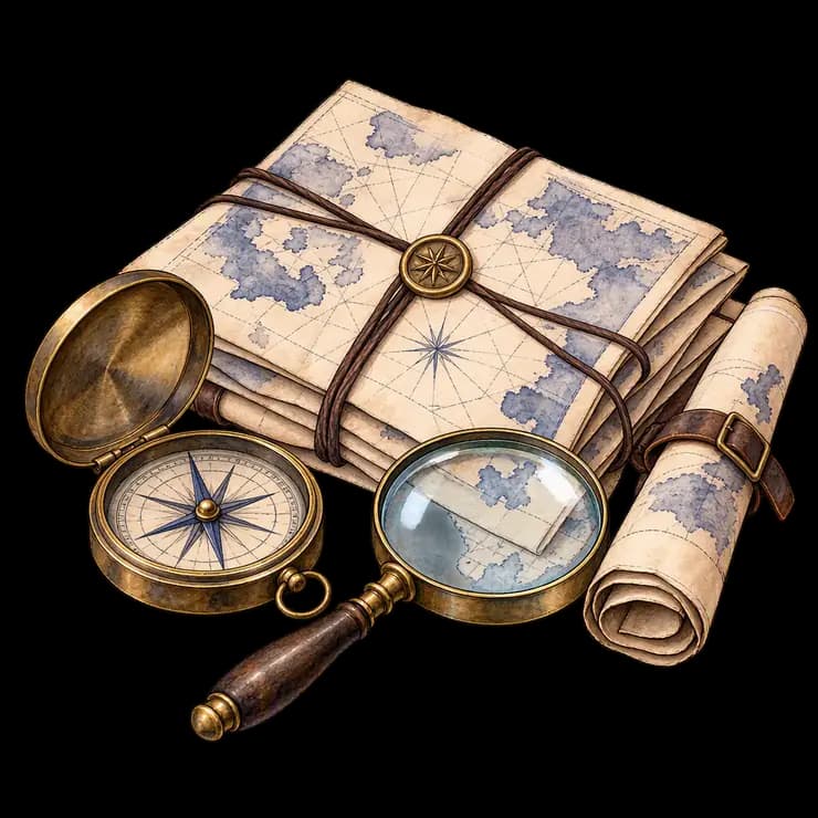 A watercolour explorer desk with folded maps and a compass