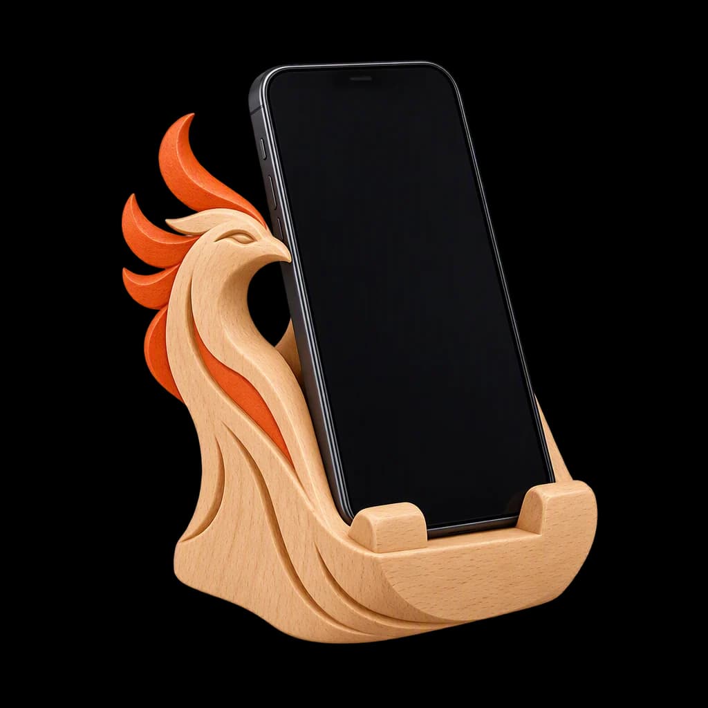A wooden phone stand holding a phone with a blank screen