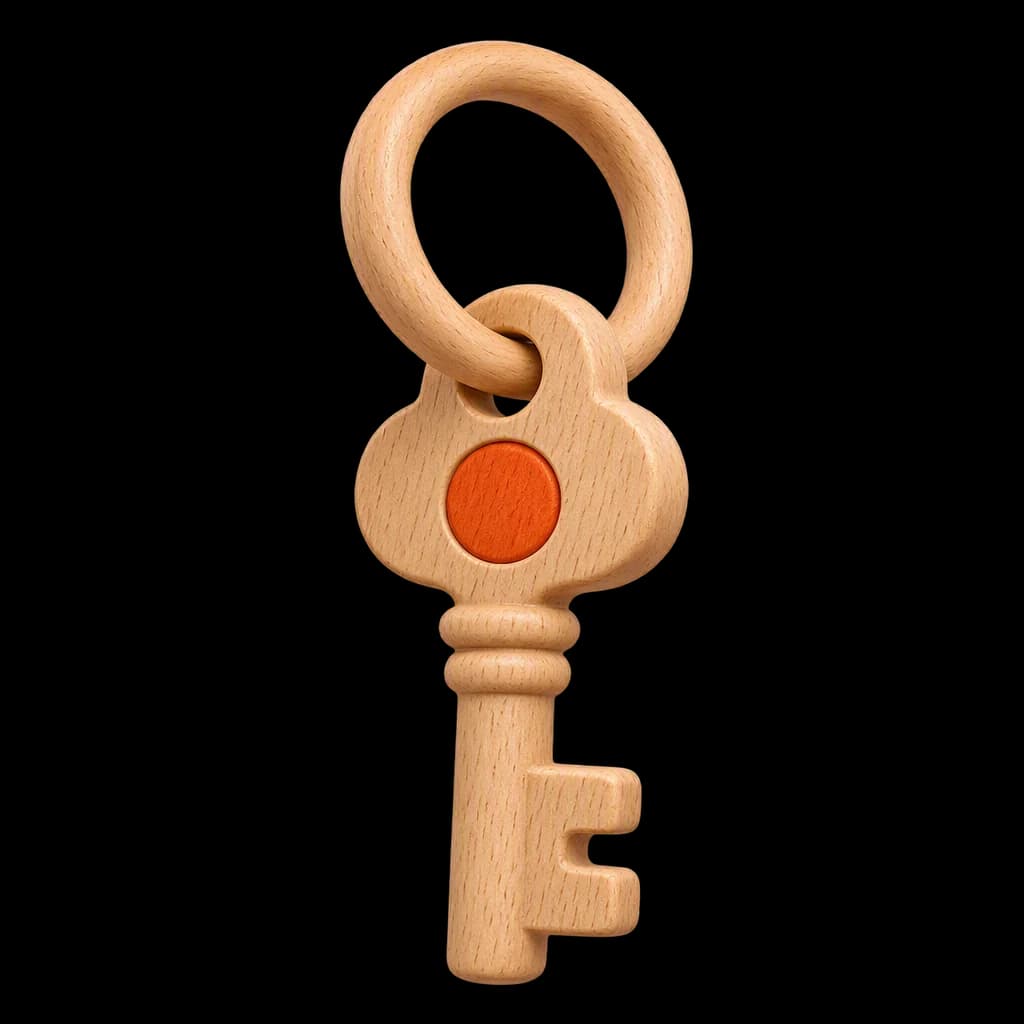 A small wooden key on a ring