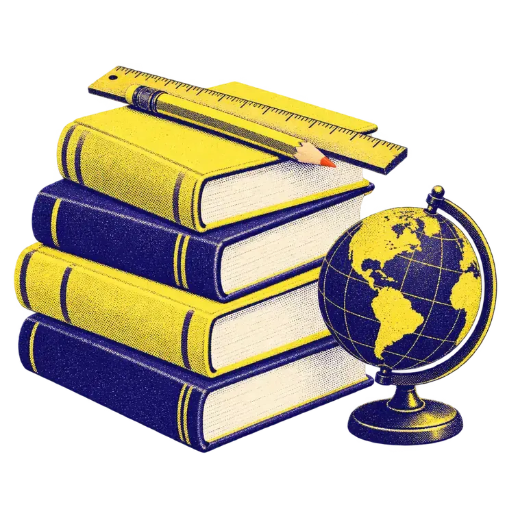 Two-colour print of a stack of textbooks with a ruler and pencil on top, beside a desk globe