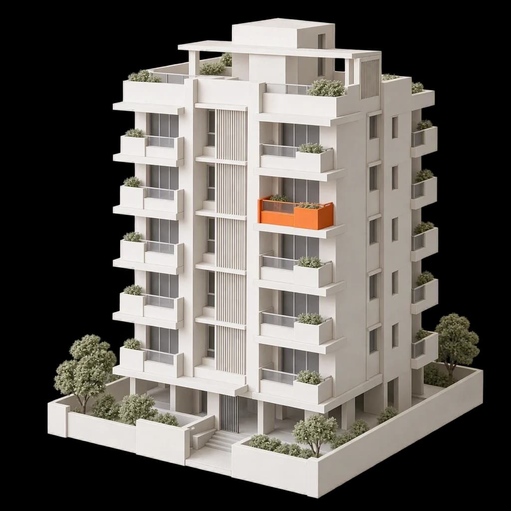 A white card architectural model of a mid-rise apartment block