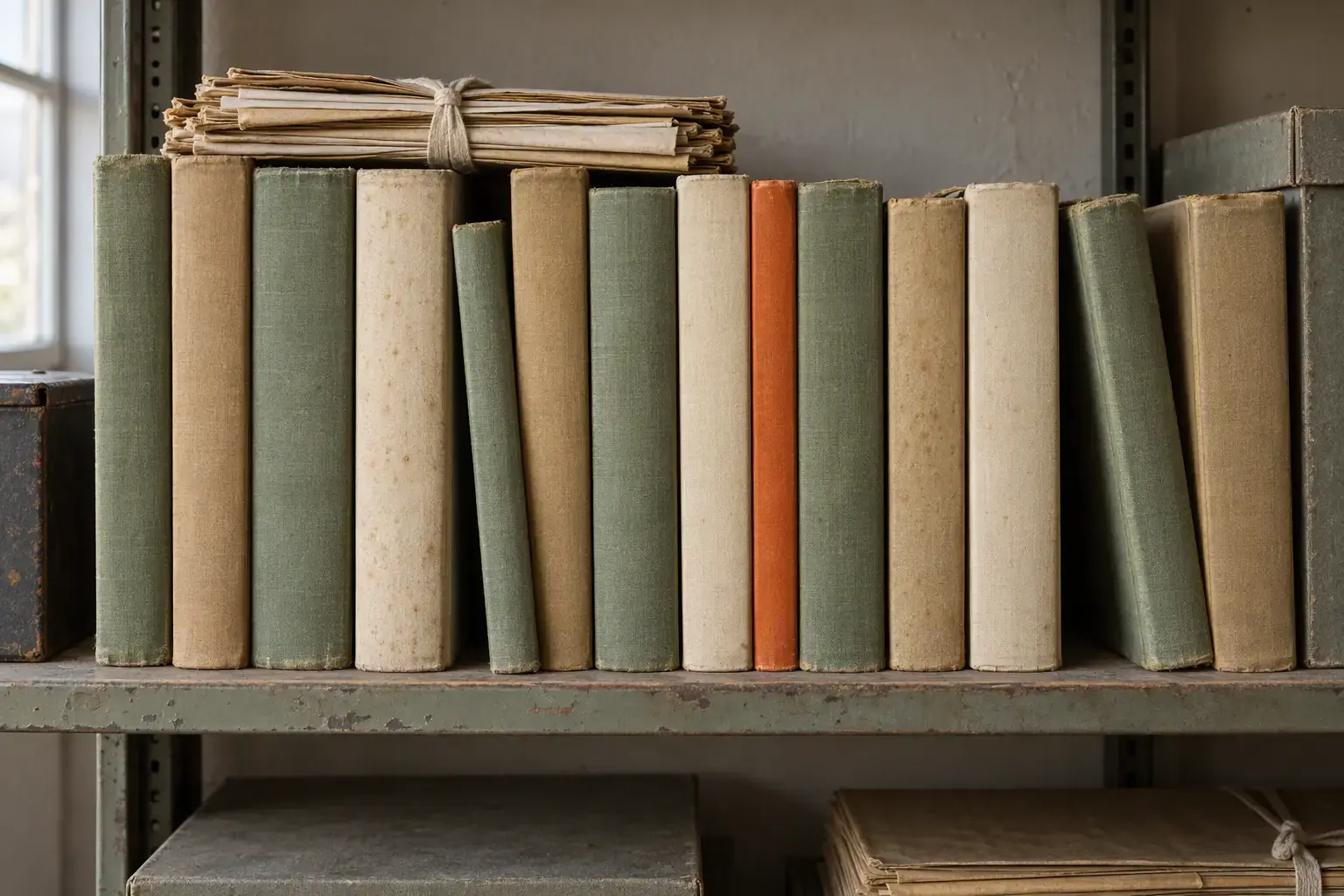 One long shelf of cloth-bound record volumes with blank spines, a few leaning, a bundle of tied papers lying on top