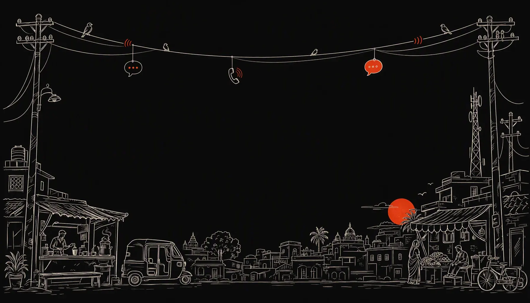 A small Indian town drawn in line art — signal poles and wires carrying coral call and chat bubbles, birds, a market skyline and a coral sun: every conversation answered