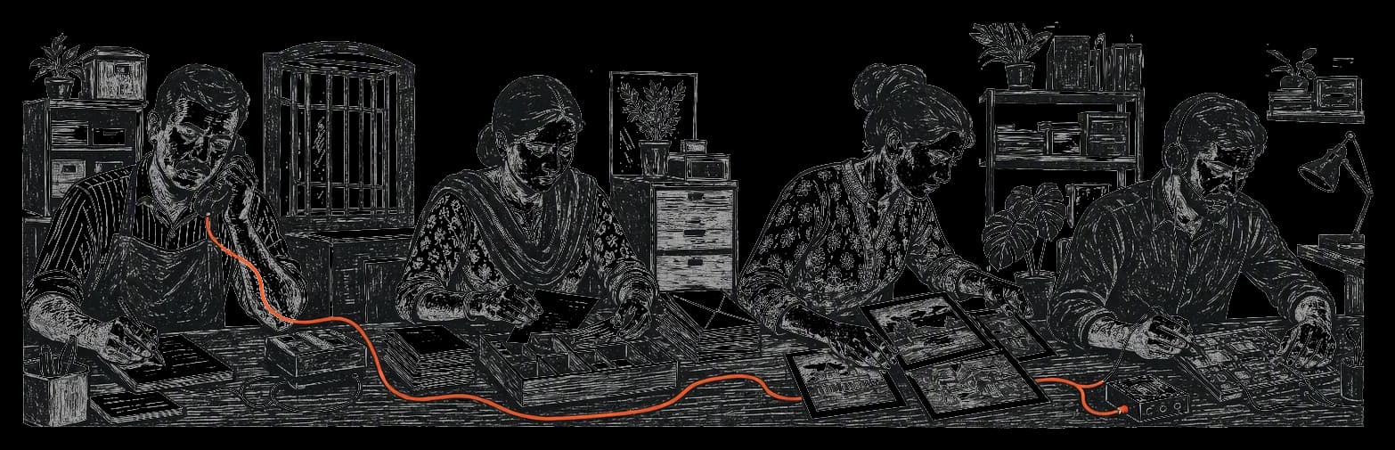 A connected panorama of a shop, correspondence desk and engineering workspace