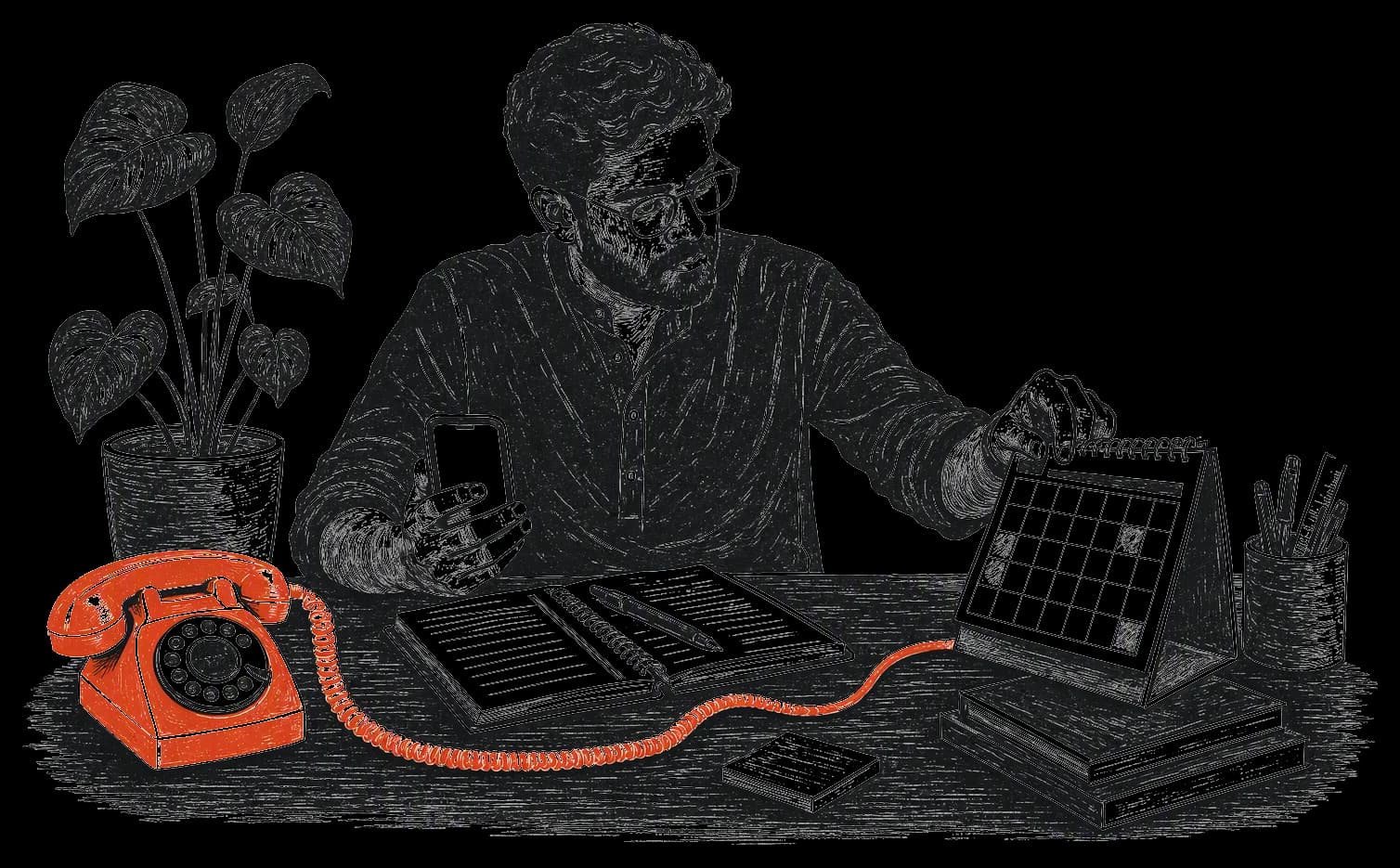 A founder arranging a calendar and notebook beside their phone