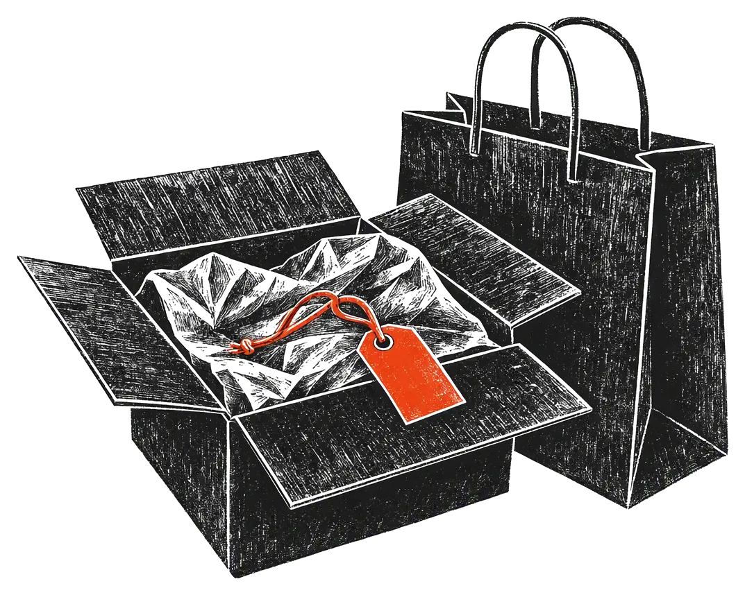 An opened parcel and shopping bags with a coral tag, drawn as an editorial woodcut