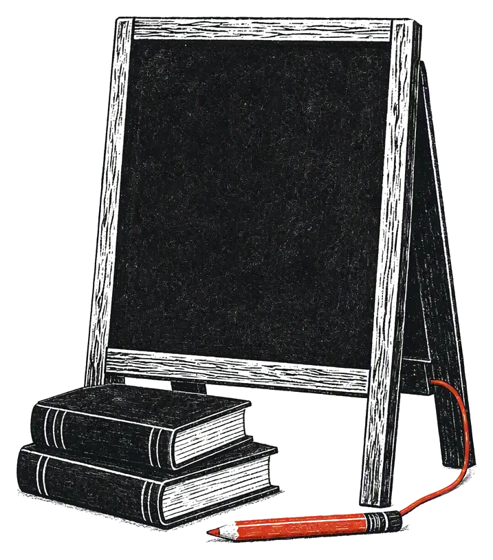 A classroom easel and stack of books with a coral pen, drawn as an editorial woodcut