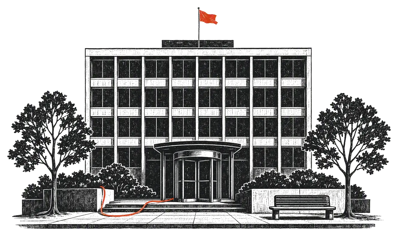 An office headquarters with a coral flag and a coral cable running to its entrance, drawn as an editorial woodcut