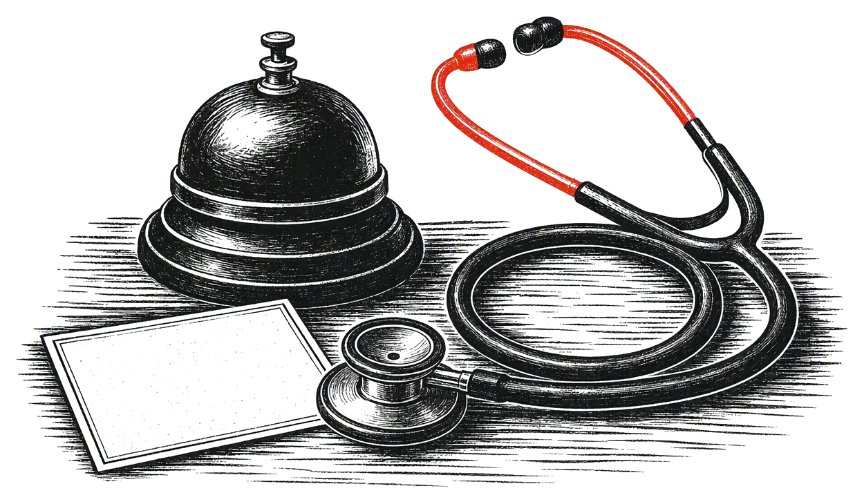 A reception bell and stethoscope on an appointment card, drawn as an editorial woodcut
