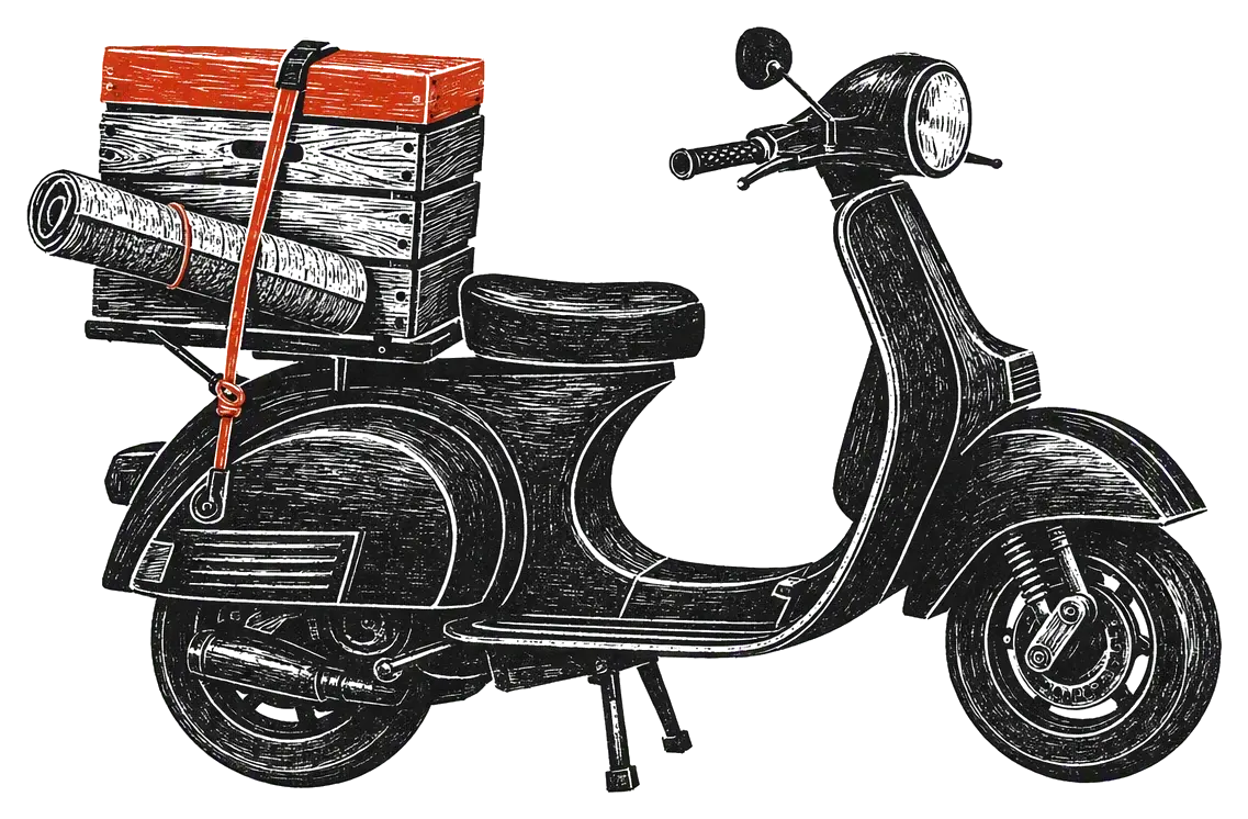 A delivery scooter carrying a crate secured with a coral strap, drawn as an editorial woodcut