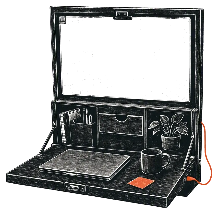 A portable desk case holding a laptop, notebook and mug, drawn as an editorial woodcut