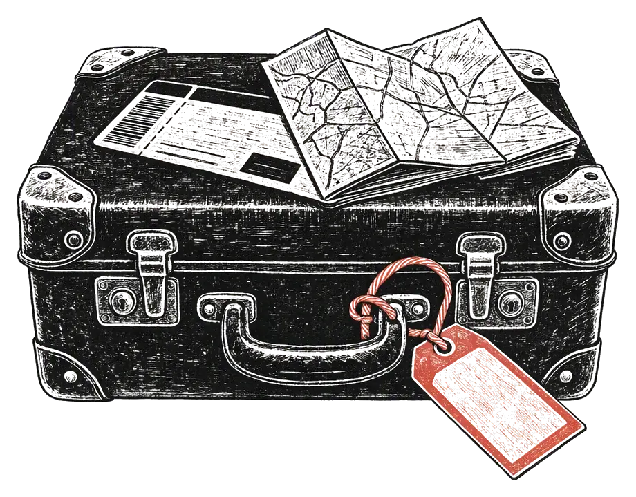 A suitcase with a folded map and a coral luggage tag, drawn as an editorial woodcut