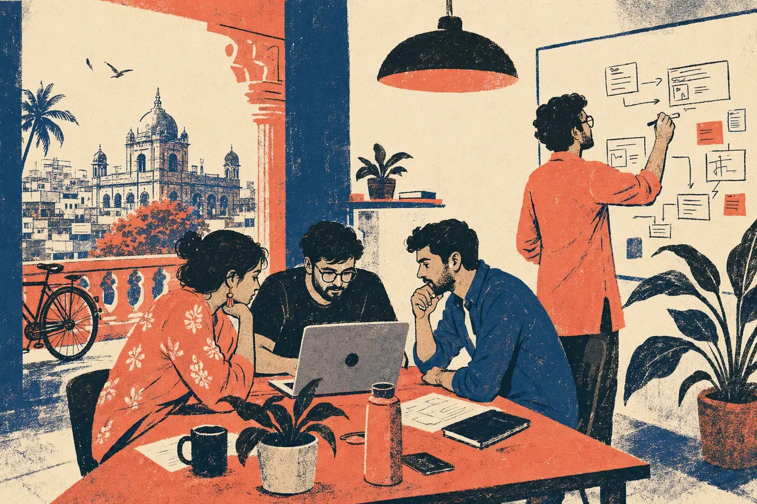 Startup team collaborating on product