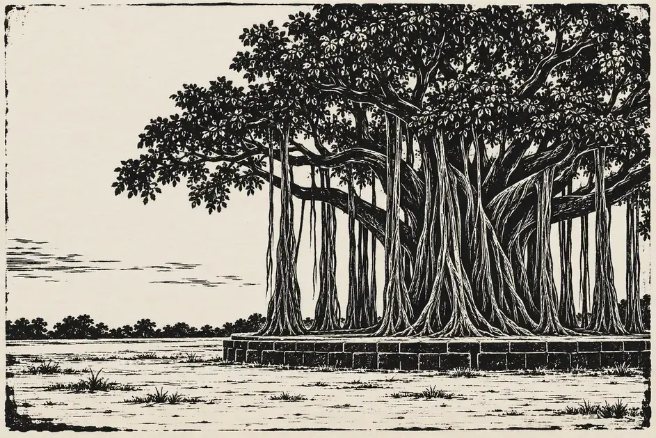 Linocut print of an old banyan tree whose aerial roots have grown into many trunks holding up one crown