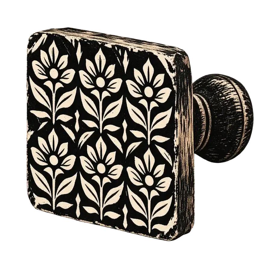 Linocut of a hand-carved wooden printing block, its pattern cut in relief