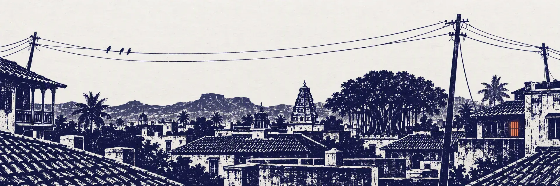 Linocut print of telephone wires crossing the tiled rooftops of an old Indian city at dusk, with a single window lit