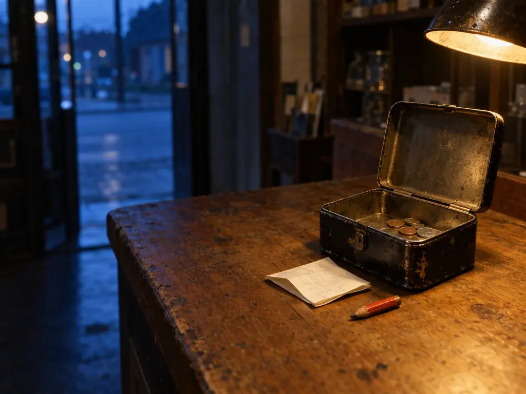 An open steel cash tin with a few coins and a folded paper slip beside it on a shop counter