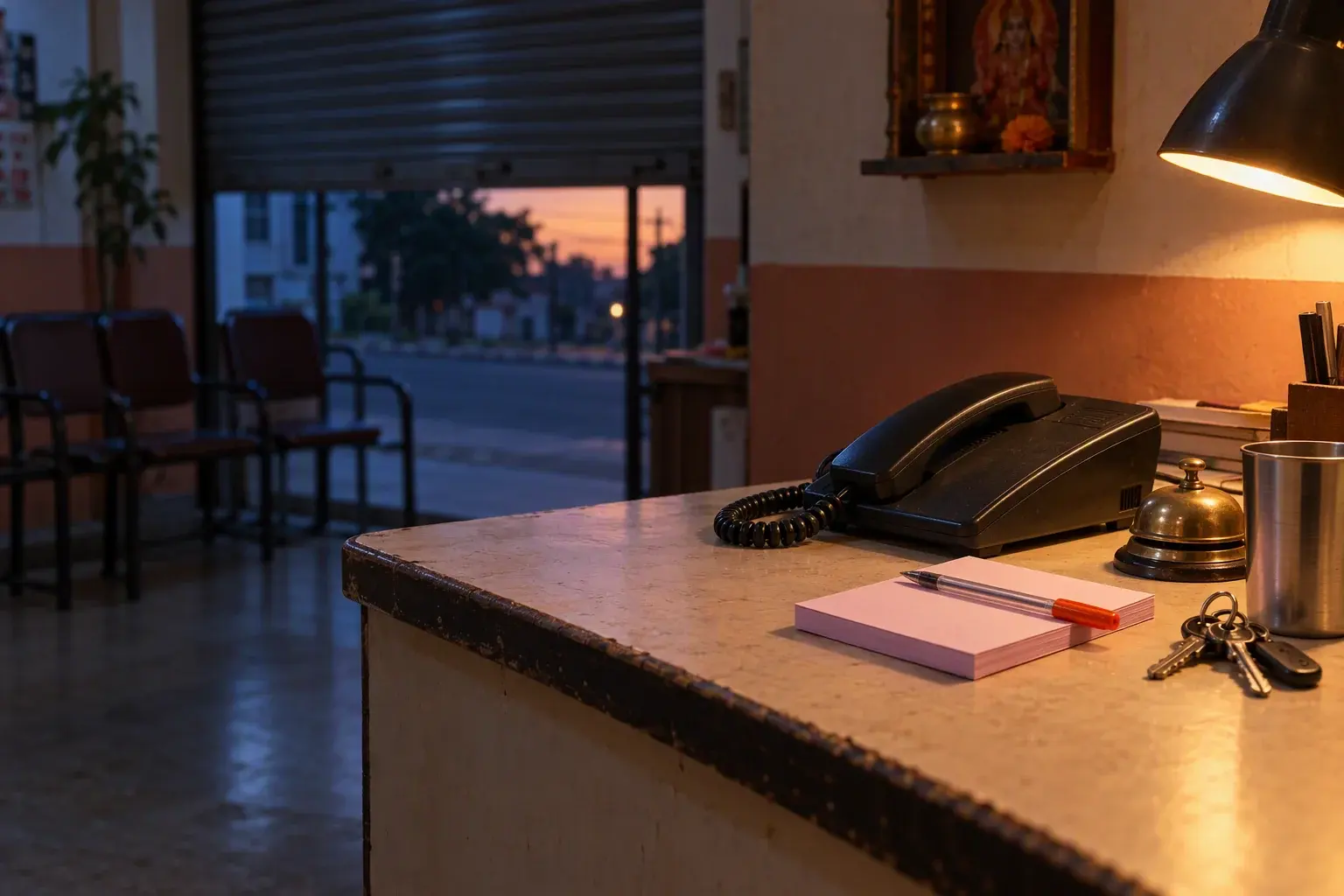 A desk telephone and a pad of message slips on a shop counter after closing time