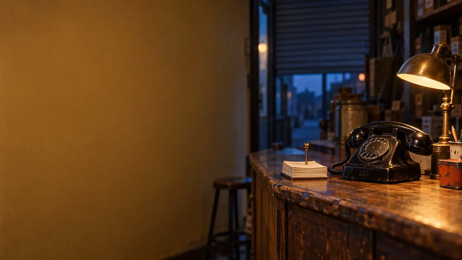 A shop counter at dusk with a black desk telephone standing under a lamp, the street beyond gone blue
