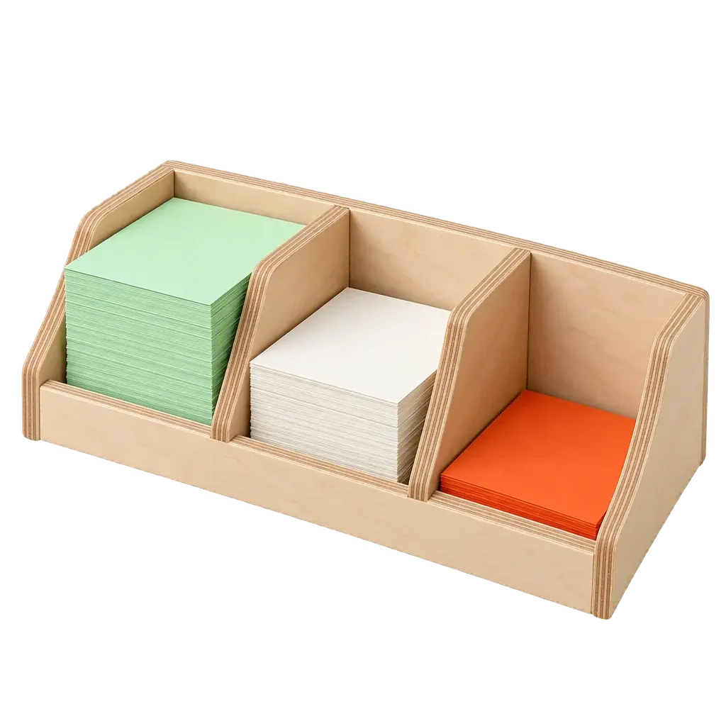 A three-compartment wooden sorting rack holding a deep stack of green slips, a smaller stack of white slips and a shallow stack of orange slips