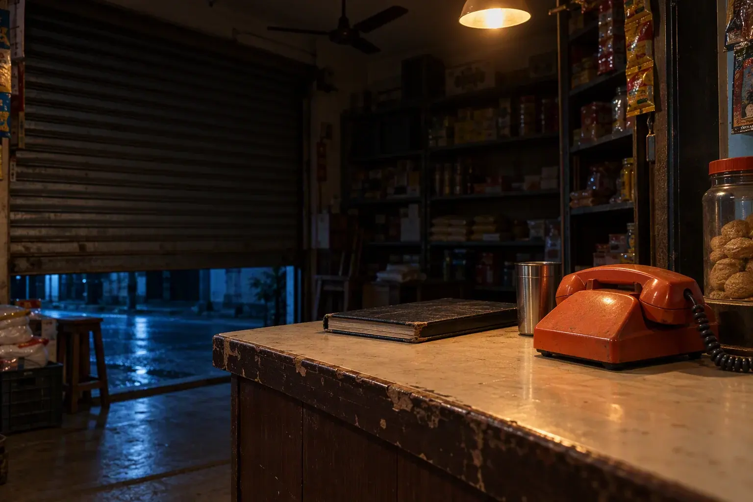 A landline phone left on the counter of a closed shop at night, with nobody there to answer it