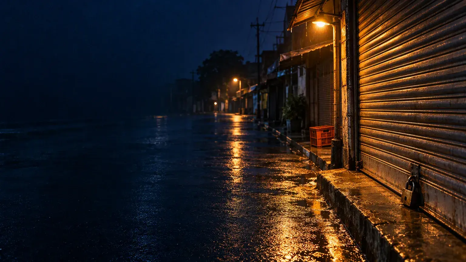 A shop’s metal shutter pulled down and padlocked on a wet street at midnight, under a sodium street lamp