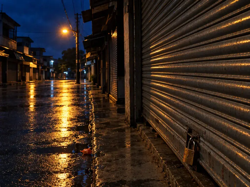 A shop’s corrugated shutter pulled down and padlocked, seen from a wet street at night