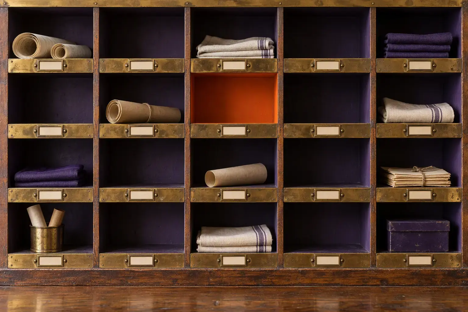 A wooden pigeonhole rack with brass edge strips, one compartment painted orange inside and one left empty