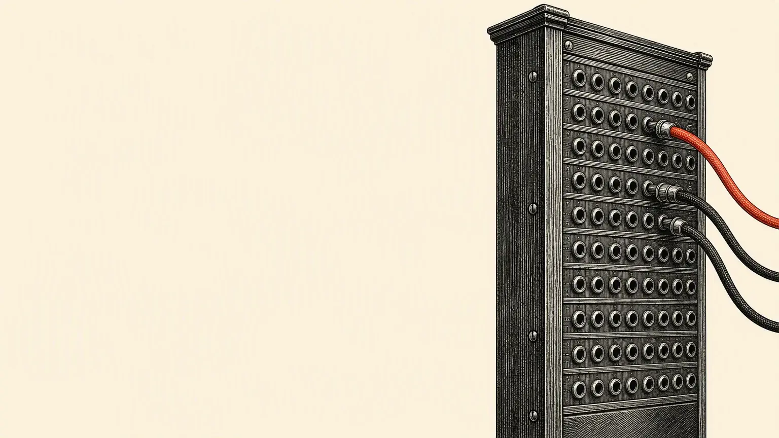 A wood-engraved telephone patch board, its grid of jacks strung with cords, one of them orange