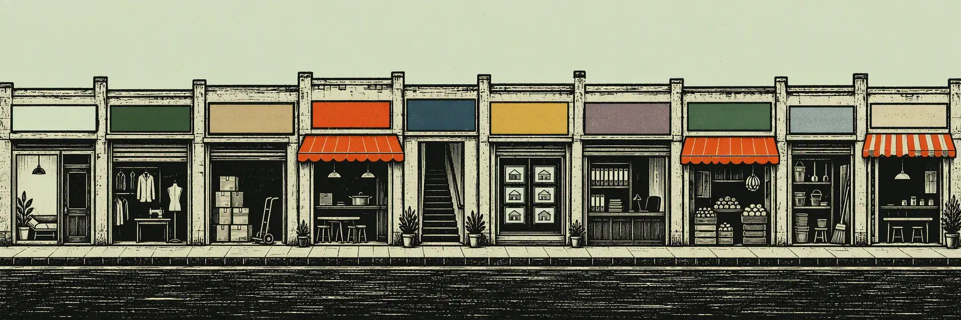 A drawn row of shopfronts along one street — a tailor, a parcel depot, a kitchen, a stairwell, an estate agent, an office, a greengrocer, a hardware shop and a café — several under orange awnings