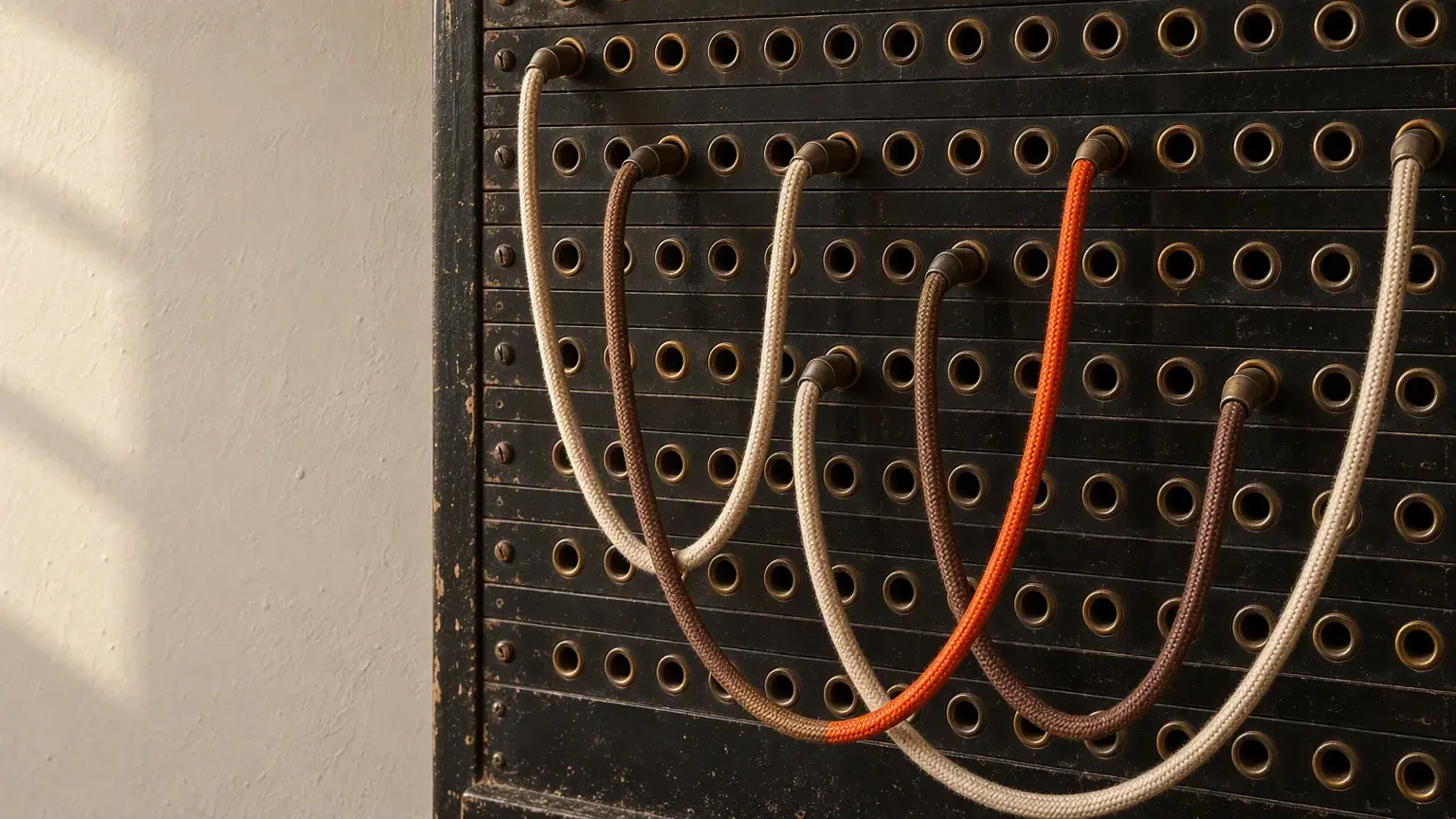 A vintage patch bay with brass sockets and a few coloured cables looped between them