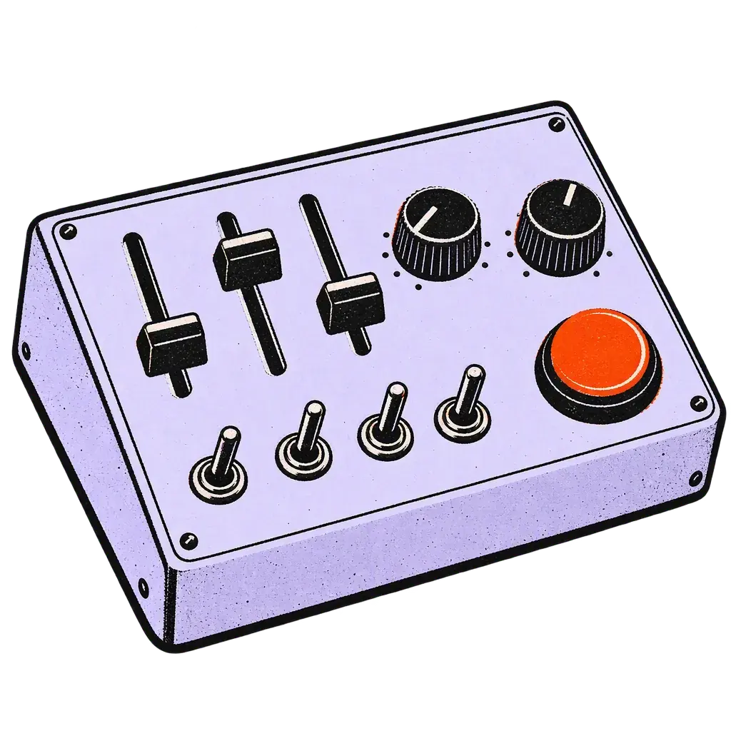 An illustrated lilac control console with three sliders, two dials, four toggle switches and one large orange button