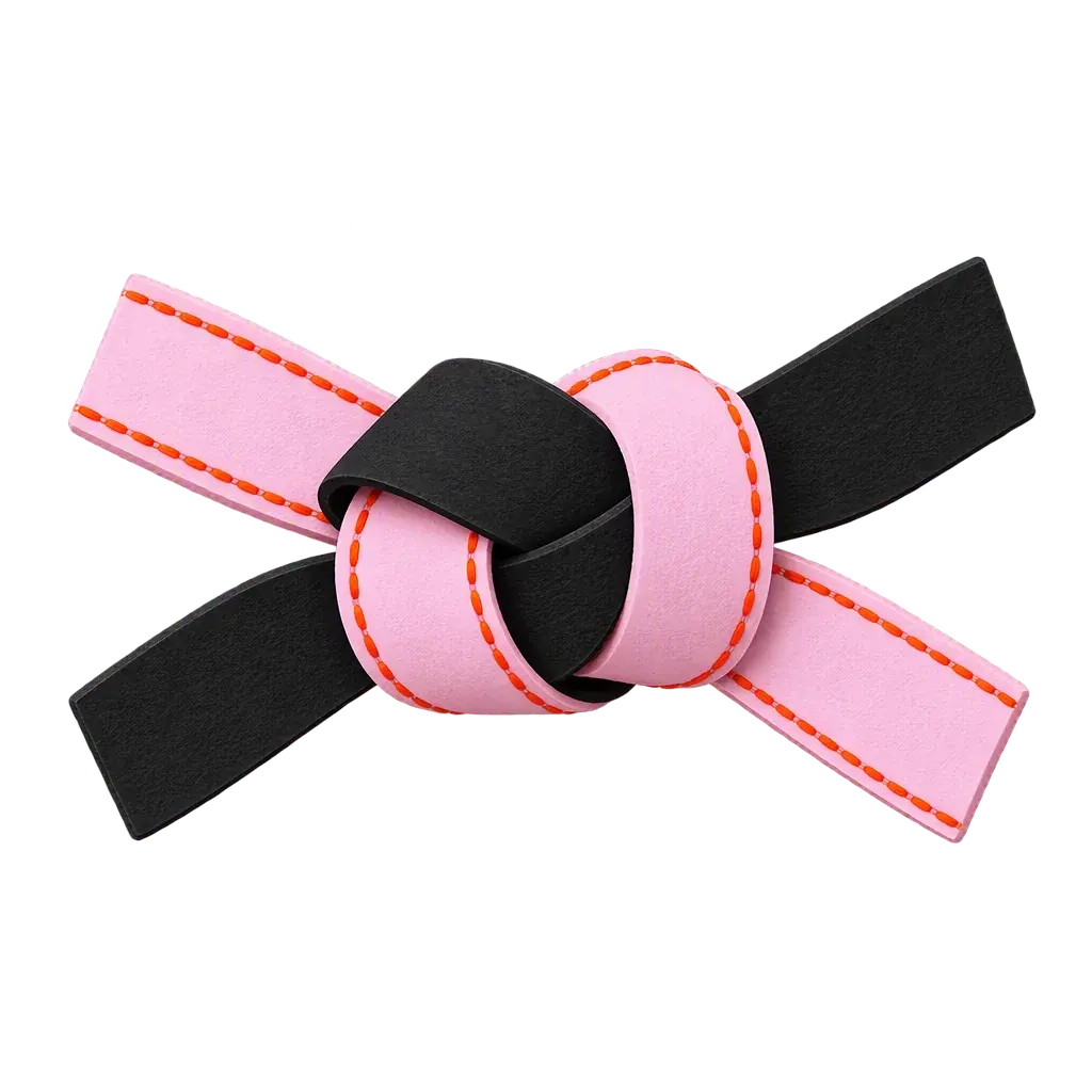 Two flat straps, one pink and one black, tied through each other in a single square knot