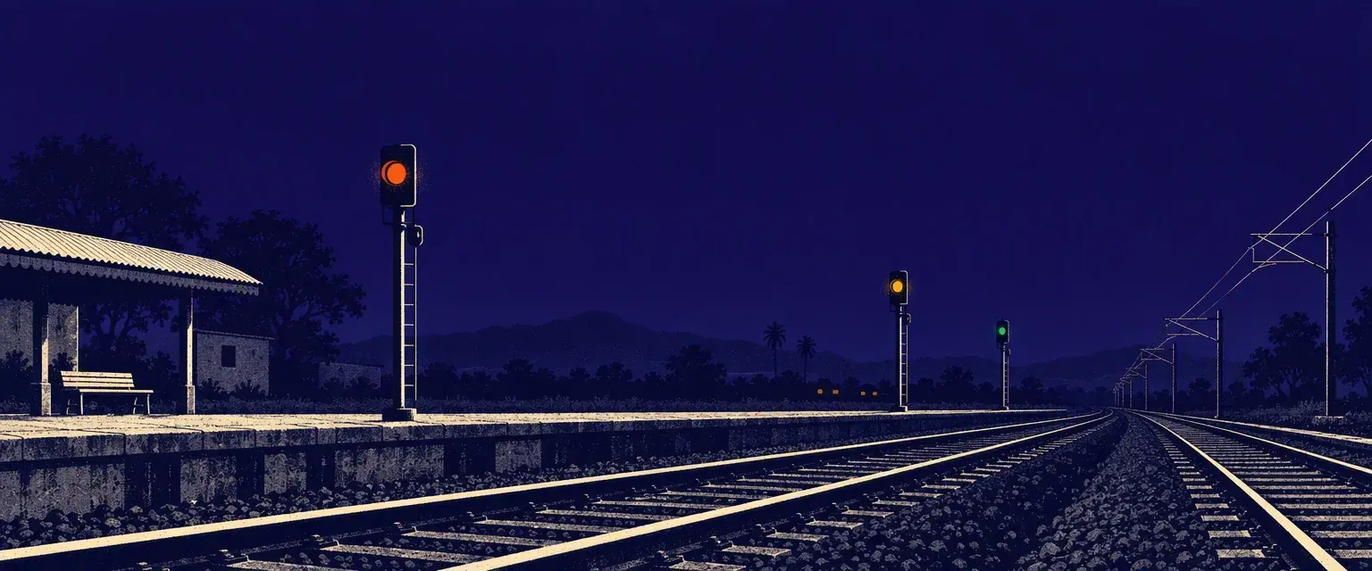 A quiet railway platform at dusk with signal lamps glowing along the track