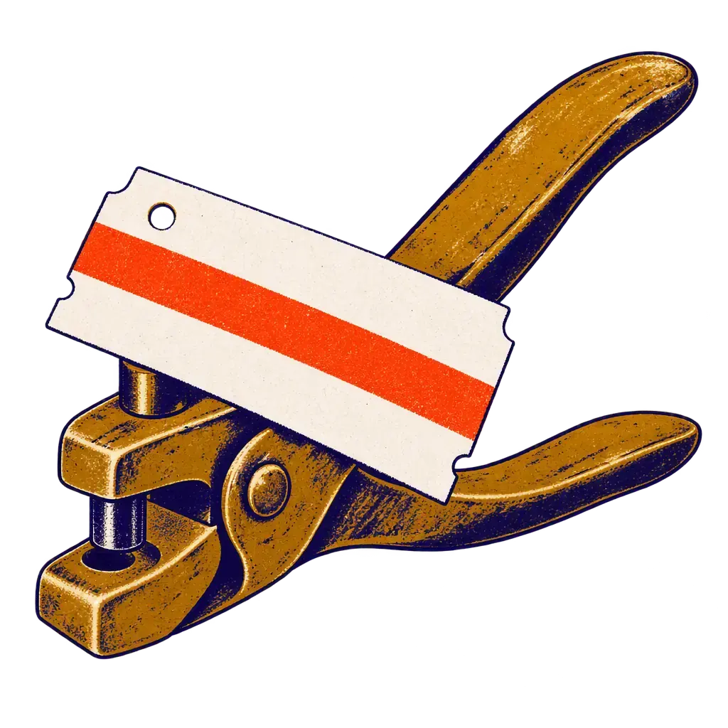 A paper transit ticket with a punched corner beside a brass ticket punch