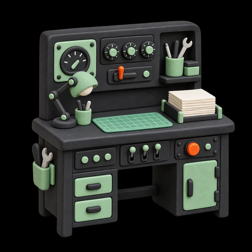 A clay miniature testing bench with tiny dials and review sheets