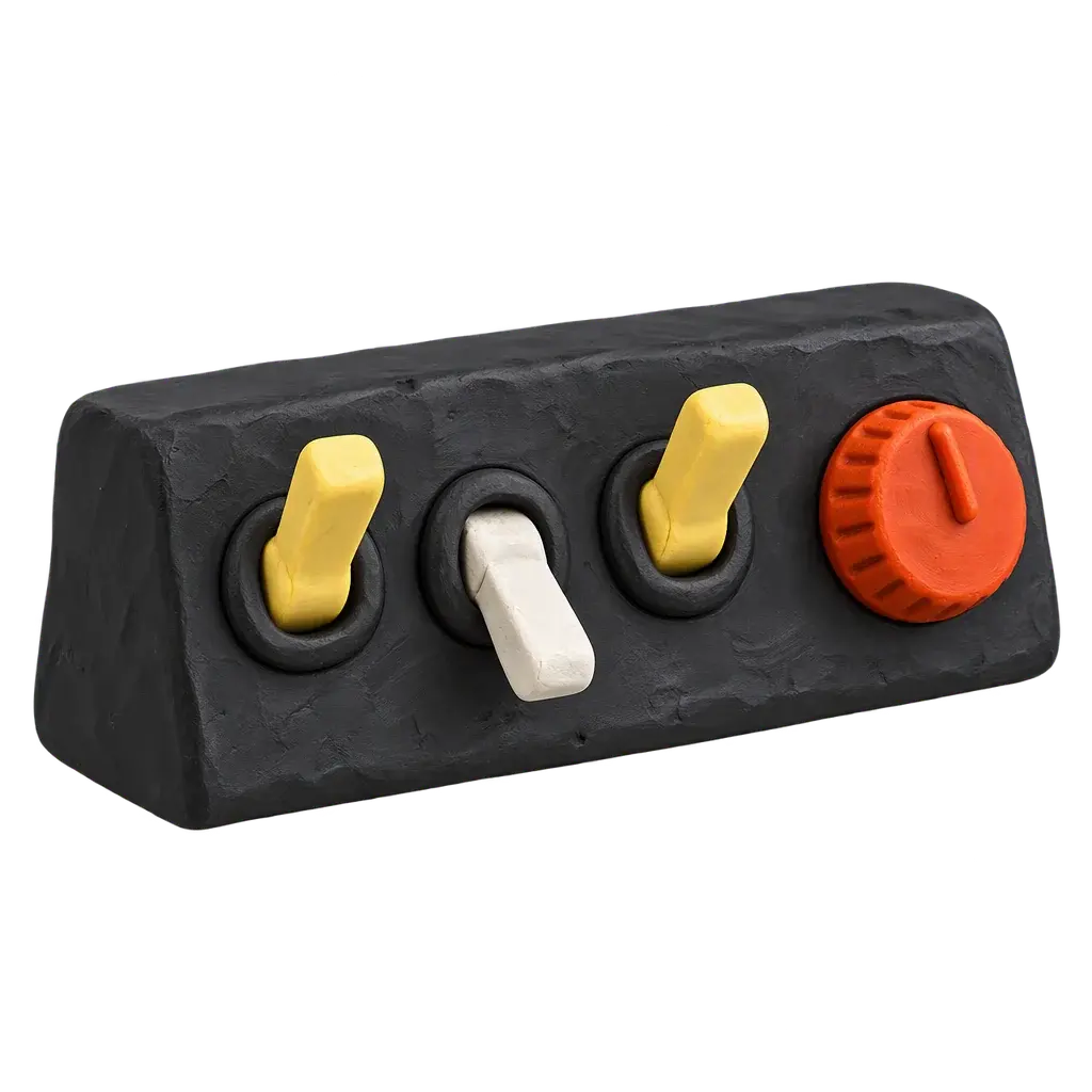 A handmade clay control panel with three toggle switches and a dial