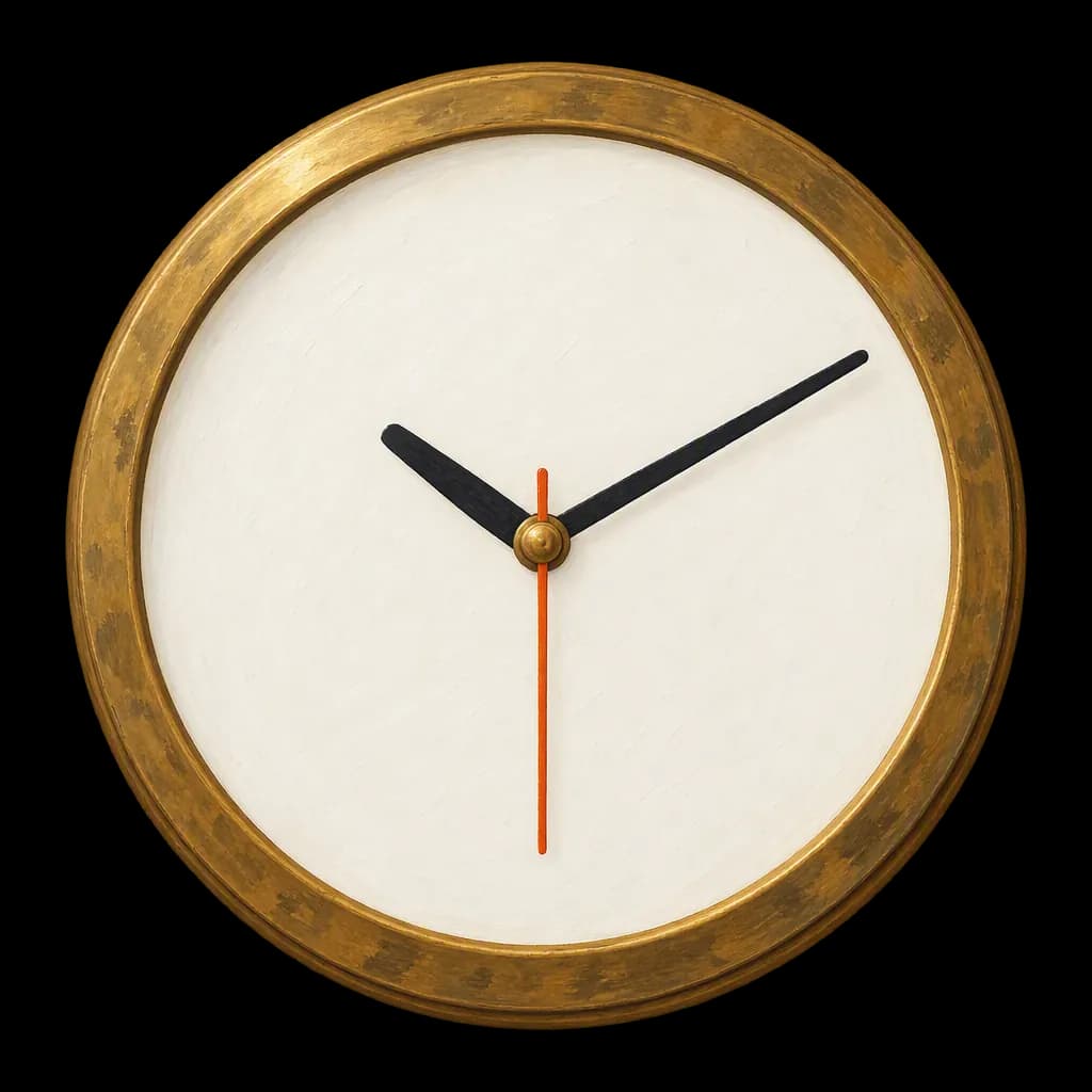 A gouache-painted brass wall clock with a blank cream face