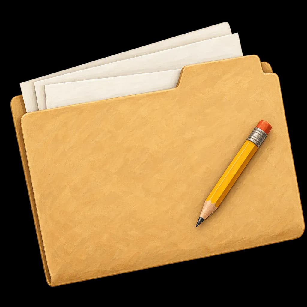 A gouache-painted kraft folder with record slips and a pencil