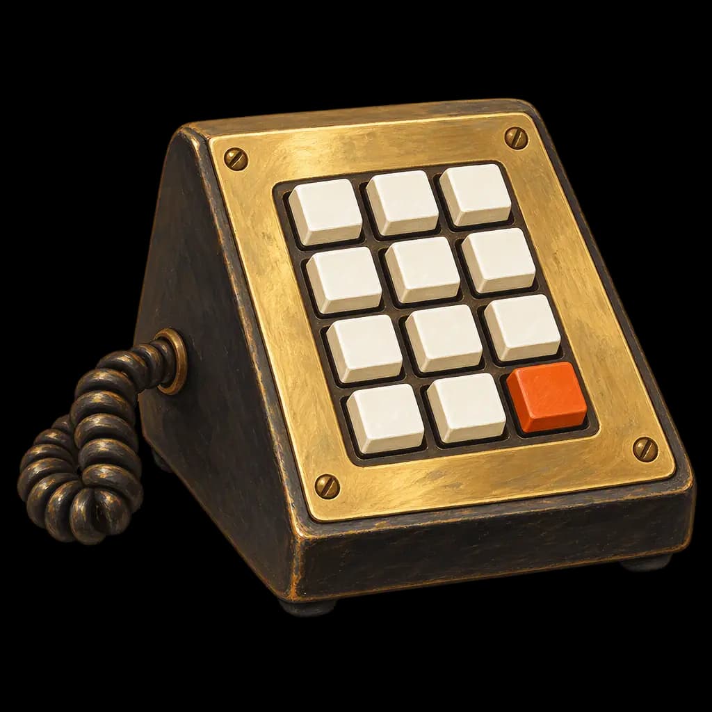 A gouache-painted vintage keypad unit with blank cream buttons