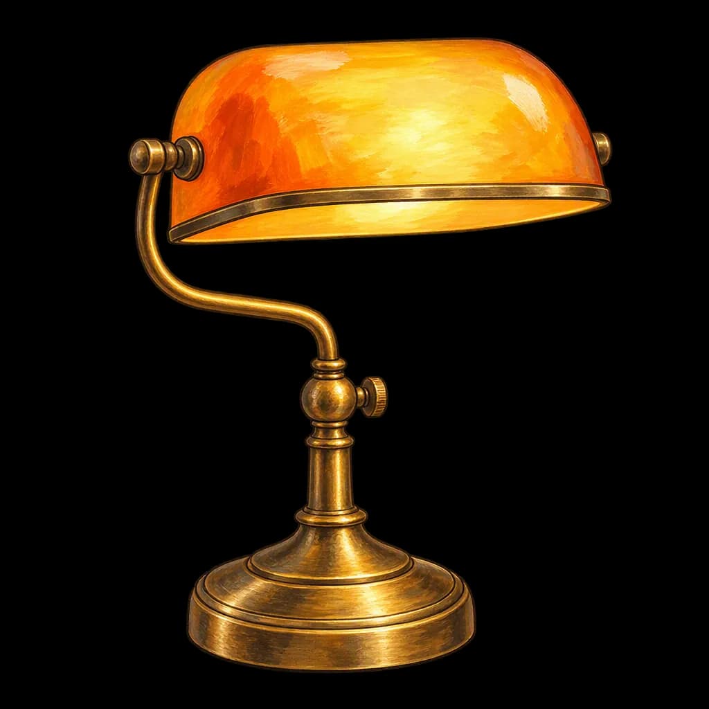 A gouache-painted brass supervisor desk lamp with a warm glowing shade